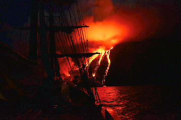 Florette anchored with volcano eruption Aeolian Islands Italy